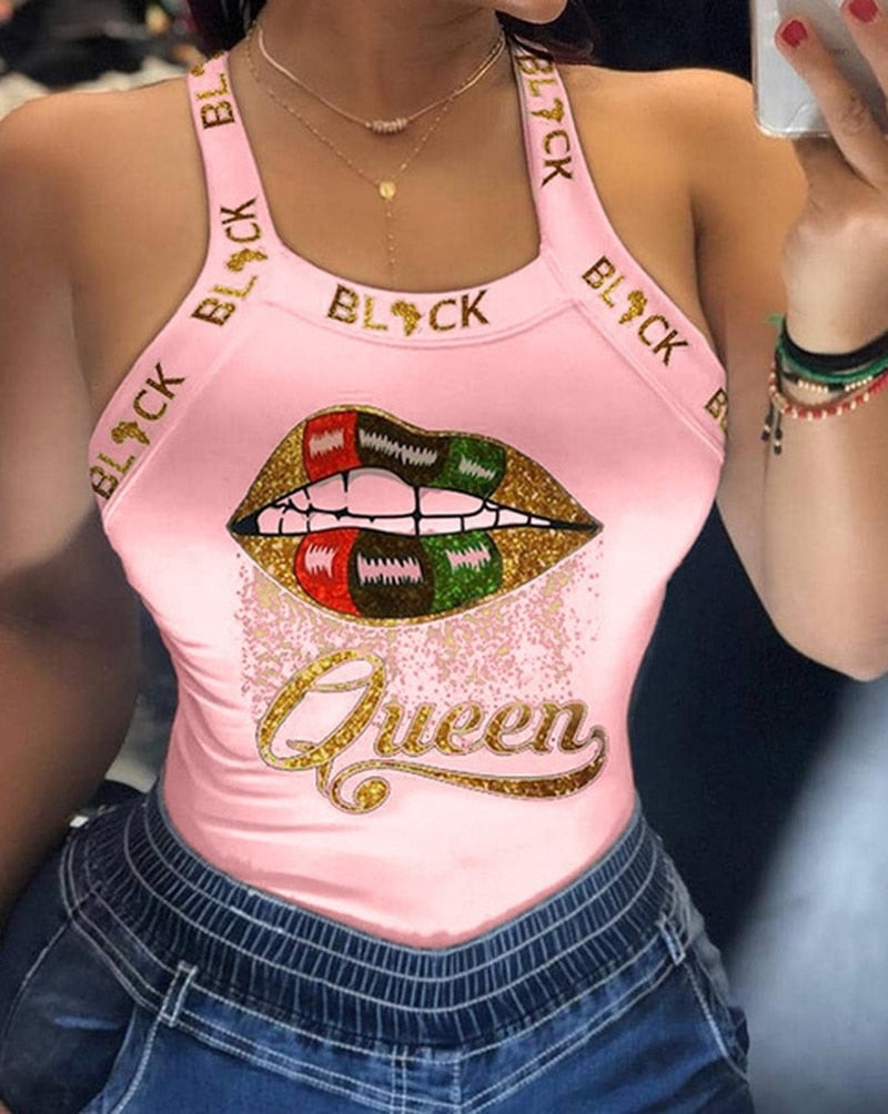 Tank Tops Women U Neck Letter Print Lips Vest Summer Ladies Harajuku Shirts Slim Fit Polyester Sleeveless Top Tshirts