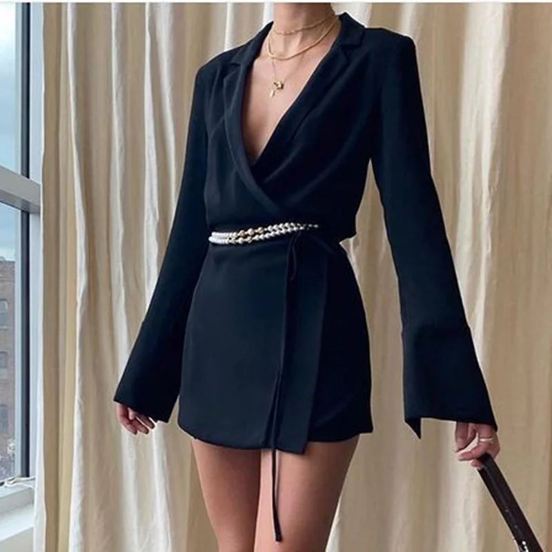 Black Satin V-Neck Shirt Dress Women  Spring Flare Sleeve Lace Up Mini Dresses Elegant Ladies Party