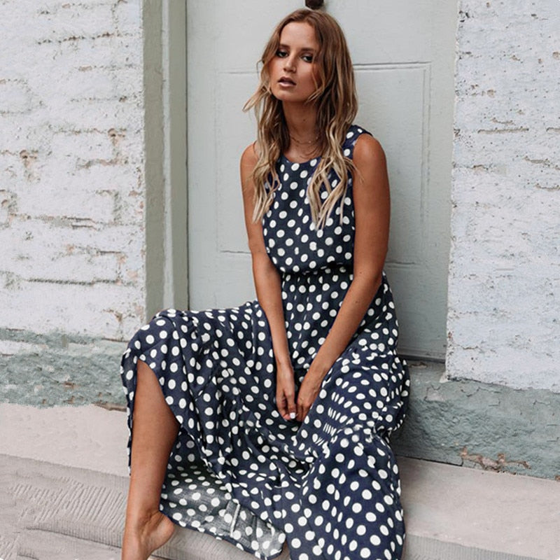 Summer Sexy O Neck Sleeveless Boho Polka Dot Print Maxi Dress Casual Empire Robe Ladies Party Long Dress Vestidos