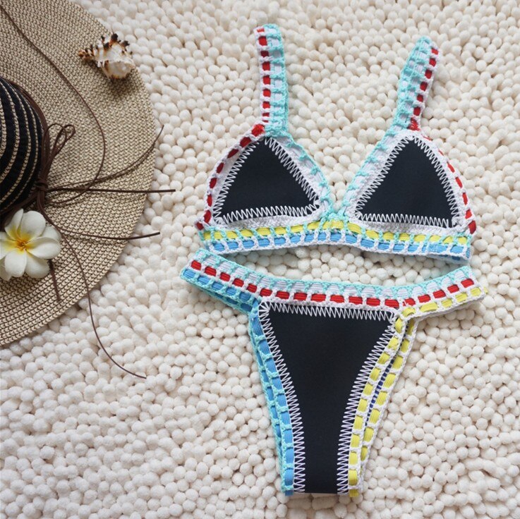 Micro Bikini Women Handmade Crochet Knit Swimwear Halter Patchwork Bathing Suit Swimsuit Biquini Thong Bikini traje de bano