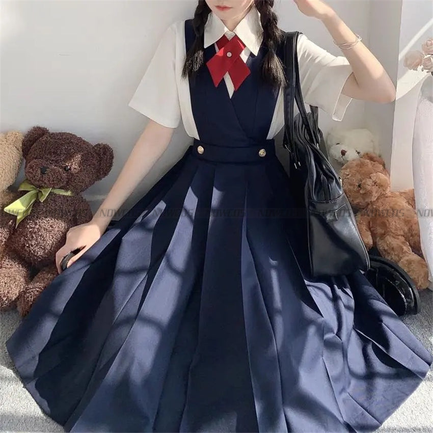 Students Ceylon Black Tea Japanese Girl's Long Pleated Dress Summer Women's Sleeveless Pinafore Dress JK High School Uniform