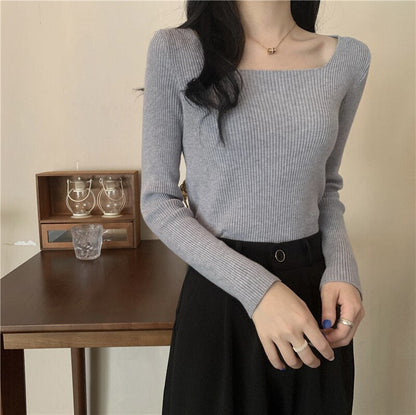 lovwvol lovwvol Early Autumn Blouse Women's Style Square Neck Long Sleeve Sweater Slim Fit with Bottomed Sweater Korean Foreign Temperament Rac