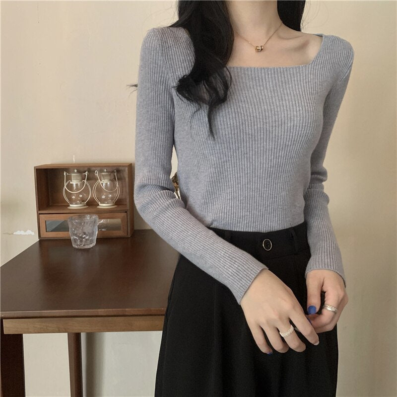 lovwvol Early Autumn Blouse Women's Style Square Neck Long Sleeve Sweater Slim Fit with Bottomed Sweater Korean Foreign Temperament Rac