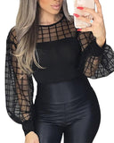 lovwvol Women Fashion Black Patchwork sheer Shirt Female Long Sleeve Top Oversize  Brief  Sheer Grid Mesh Yoke Plus size Casual Blouse