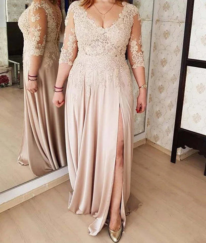 Plus Size Mother Of The Bride Dresses A-line V-neck 3/4 Sleeves Chiffon Appliques Long Groom Mother Dresses Wedding