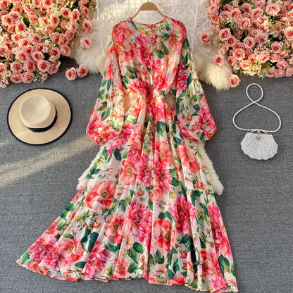 lovwvol Runway Spring Summer Vacation Dress Women Elegant Bat Sleeve Rose Print Bohemian Lady Chiffon Long Maxi Dress