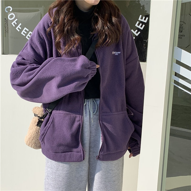 Women Plus Fleece Hoodies Autumn Streetwear Zip-up Oversize Sweatshirt Jacket Trendy Solid Pocket Turn-down Collar Women Outwear