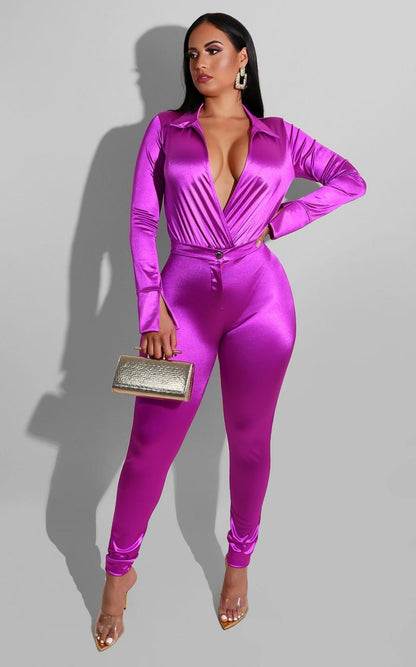 Woman OL satin Suit Solid Color Long Sleeve V Neck lapel Short Jumpsuit+pencil pants Tracksuit S-2XL 15Color