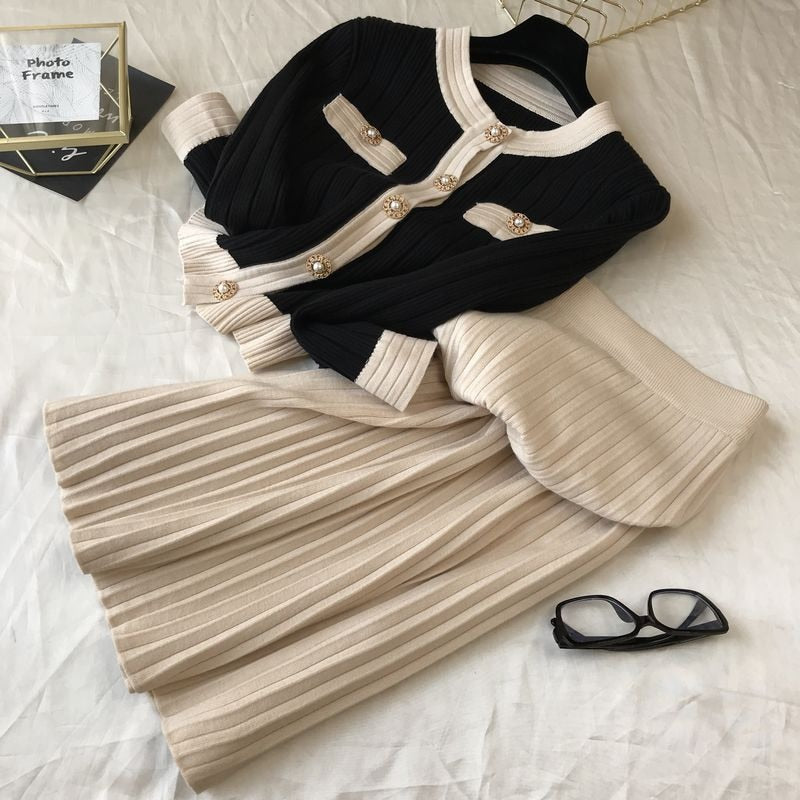 lovwvol High Quality  Spring Fall Knit 2 Piece Set Women Office Lady Single Breasted Sweater Cardigan + Pleated Long Skirt Suit Sets