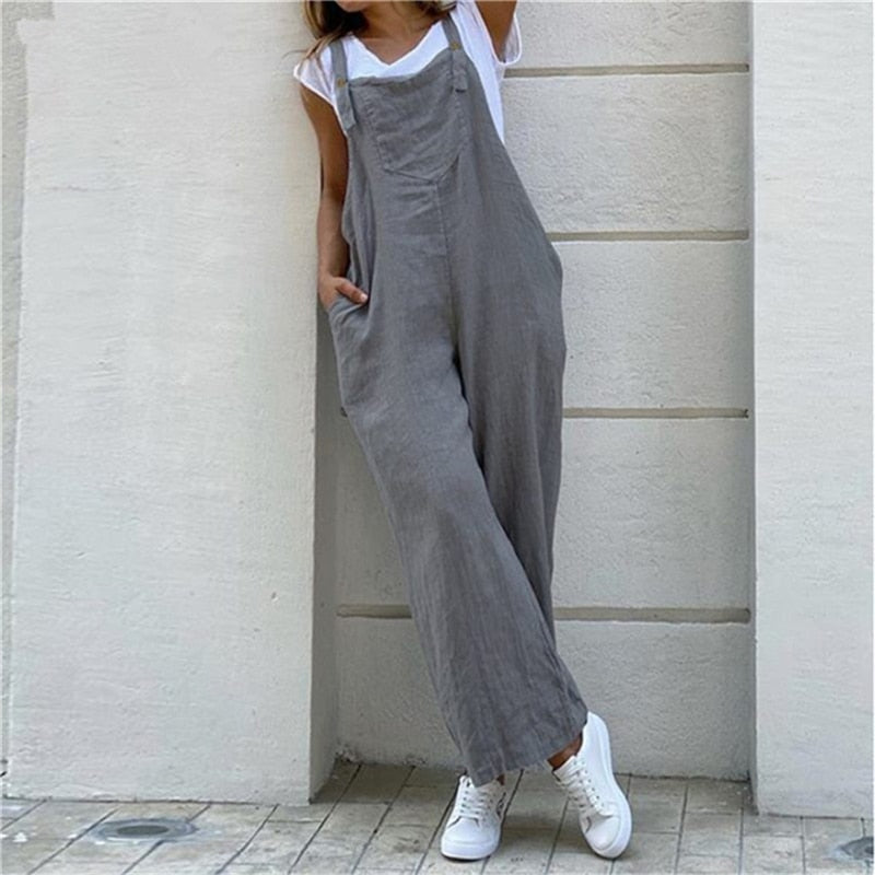 Women Suspender Rompers Overalls Vintage Jumpsuits Playsuits Long Pockets Wide Leg Pants Combinaison Oversize