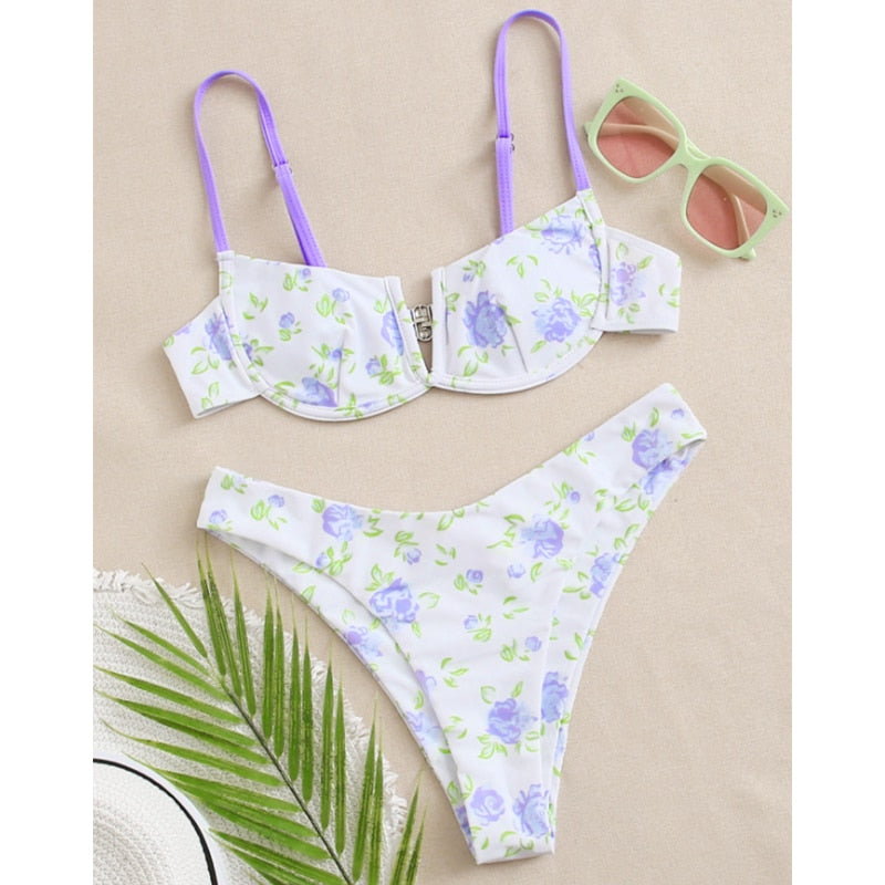 Sexy Female Swimsuit Two Piece Set Swimwear Dot Printed Push Up Bandage Bikini Set Women Underwire Beach Wear V-neck Biquini