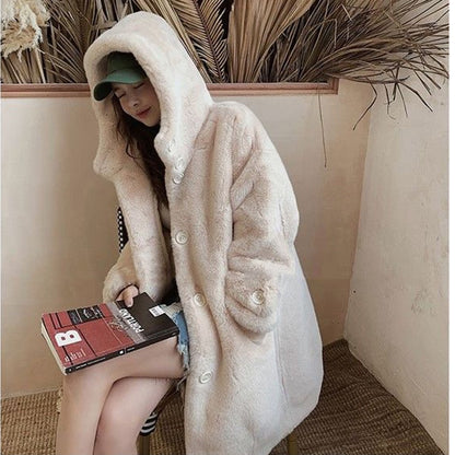 Winter Fashion Hooded Faux Fur Long Coat Solid Cute Warm Fluffy Jacket Casual Loose Oversize Coat Female Thick Outwears