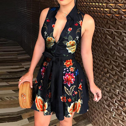 lovwvol Sexy Women Deep V-neck Shirt Dress Summer Sleeveless Chain Print Mid-calf Dresses Laides Lace Up Party Dresses Clubwear