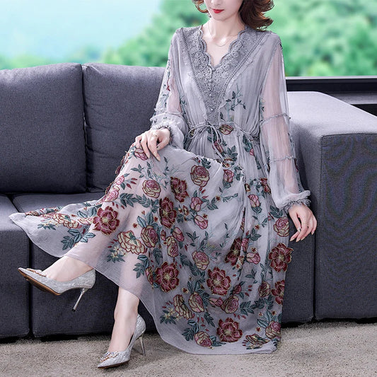 lovwvol New 2024 Women's Summer Runway  Embroidered Long Dress Ladies V-neck Lantern Sleeve Mesh Vintage Party Dress