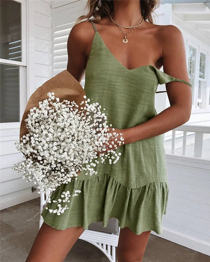 Sexy Spaghetti Strap Ruffle Dress Women Summer Dress  Cotton Linen Vestidos Green Dresses Off Shoulder Sexy Mini Sundress