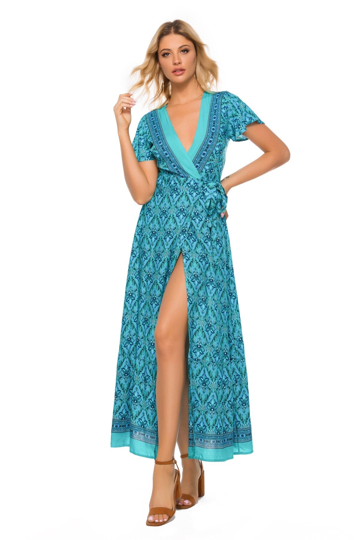 Vintage chic vestidos women Floral print bat sleeve beach long Bohemian maxi dress Ladies sexy V neck  Summer Boho happie  dress