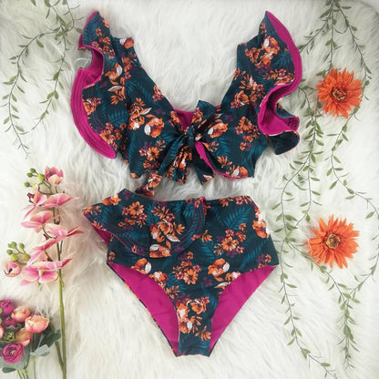 New Bikini Floral Ruffled Bikini Set Women V-neck High Waist Two Piece Swimsuit Girl Beach Bathing Suit Swimwear Biquinis