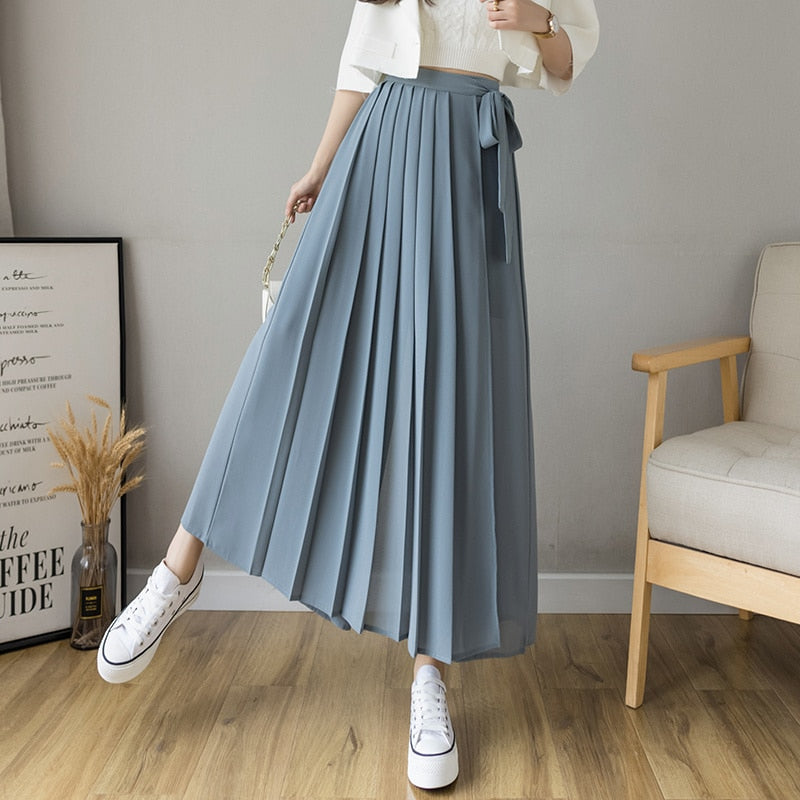 Spring Summer New Style Korean Women Pleated Chiffon Trousers High Waist Pants Hakama Casual Wide Leg Pantalones