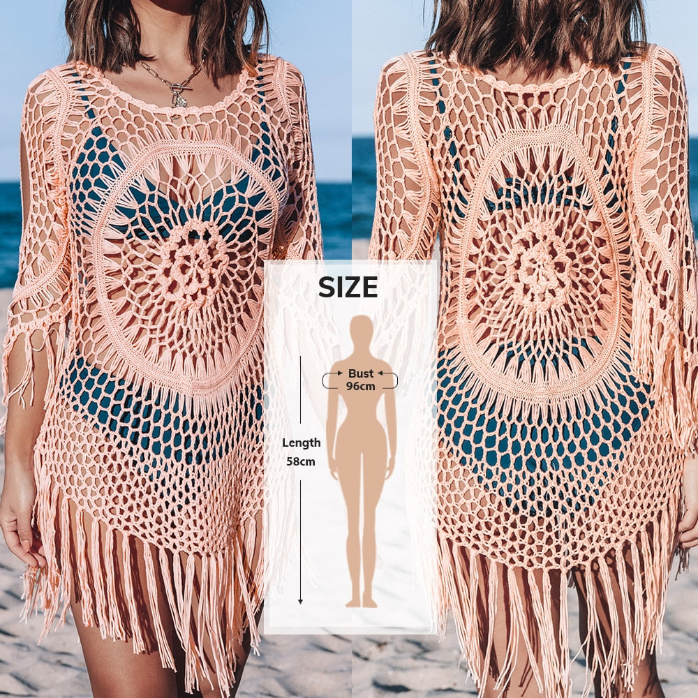 White Crochet Bikini Cover Up with Fringe Trim Women Sexy Hollow Tunic Beach Dress Summer Bathing Suit Beachwear