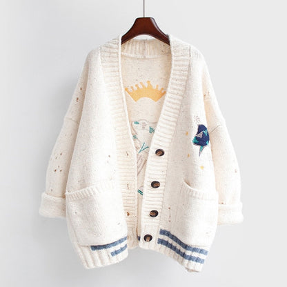 lovwvol AZYT Women Autumn Winter Knitted Cardigan Cartoon Embroidery Oversize Sweater Coat Harajuku Loose Elegant V Neck Women Cardigans