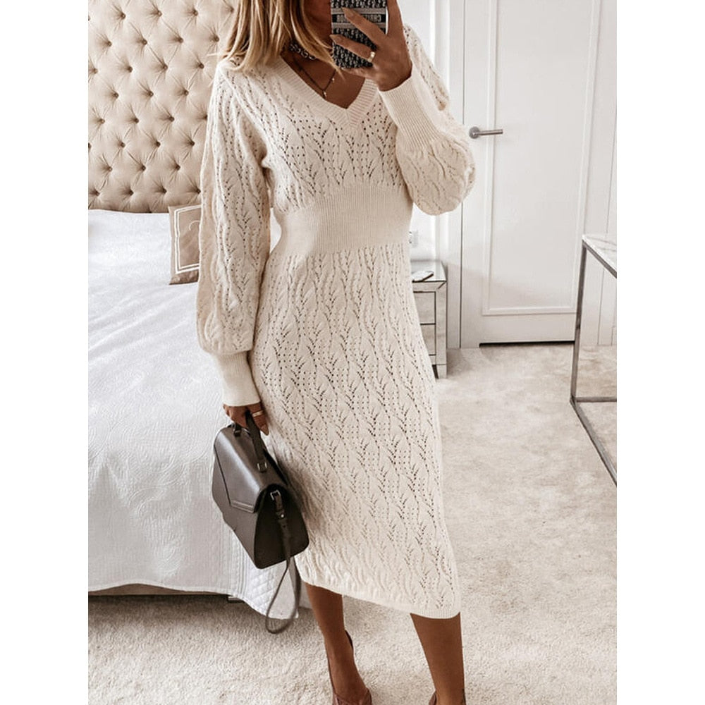 Autumn Fashion Elegant Knitted Sweater Dress Women's Long Sleeve Warm Mini Tight Dress Casual White Ladies Dress New