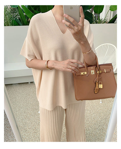 lovwvol Summer Korean Fashion Casual Knitted Two Piece Set Women Loose Pullover Sweater Tops + Wide Leg Pants Suits Knitwear 2 Piece Set