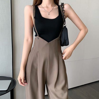 Women Summer Fashion Strap Wide-leg Pants Jumpsuit Casual Loose Drape Split Trousers High Waist Bodysuit Sling One-piece Pants