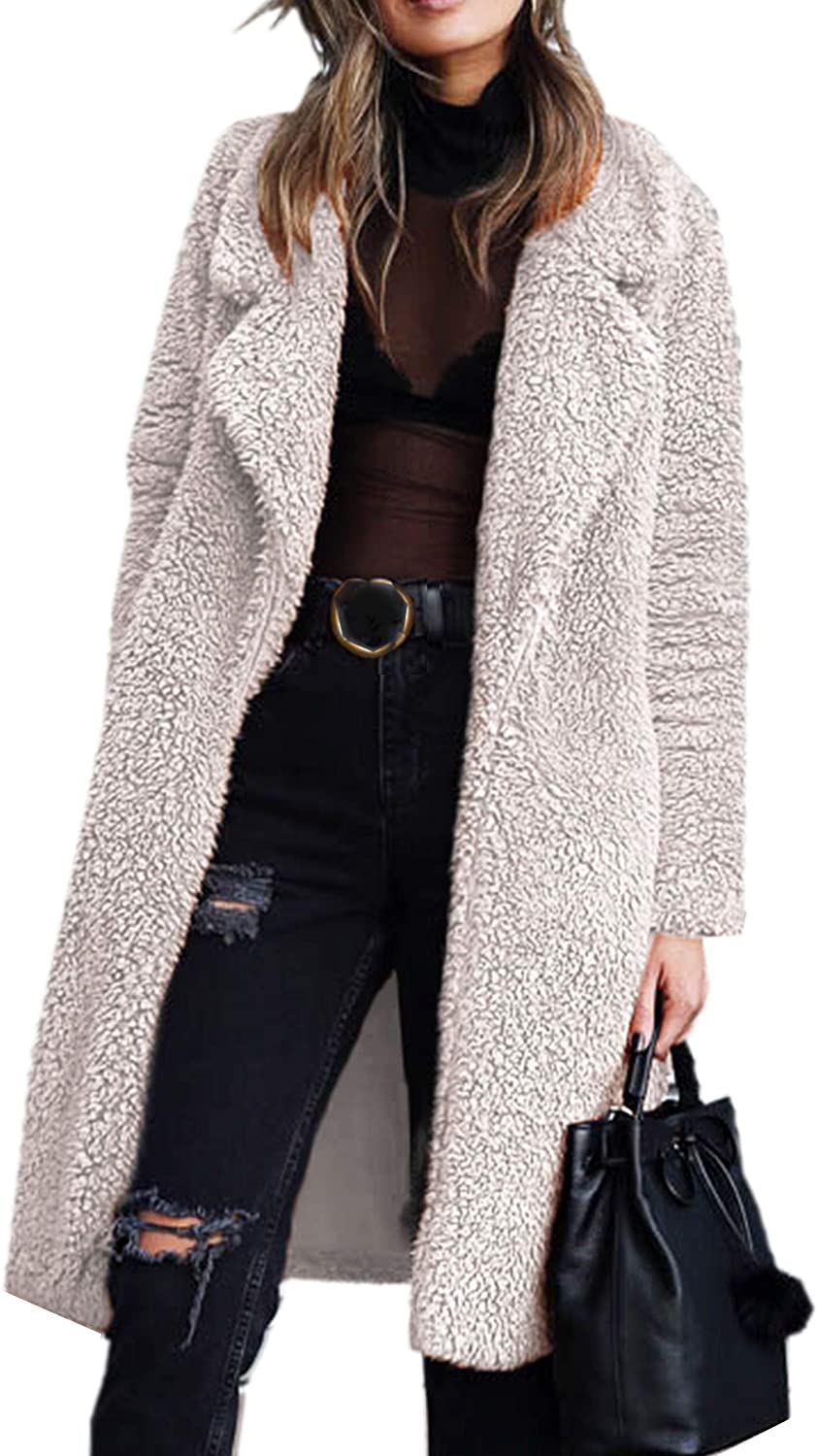 lovwvol Women's Fuzzy Fleece Lapel Open Front Long Cardigan Coat Faux Fur Warm Winter Outwear Jackets Jacket Women  Plus Size Fur Coat