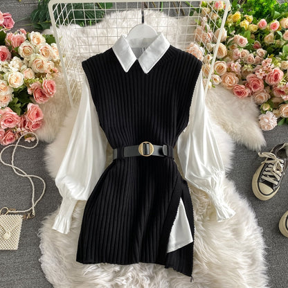 Korean Spring Autumn Women Knitted Pullovers Vest + White Blouse Casual Belt Suit Two Piece Set Conjuntos Mujer