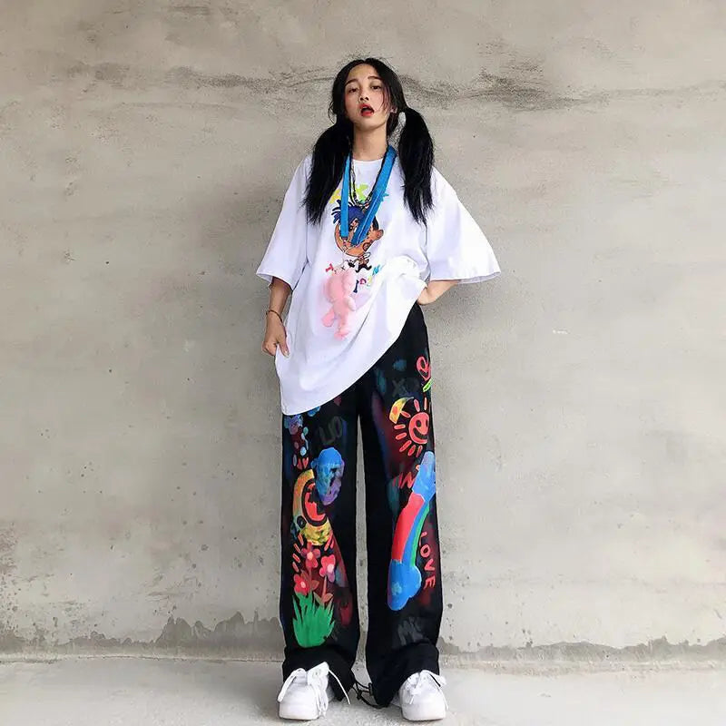 Black Gothic Graffiti Summer Pants Harajuku Punk Pants Japan Loose Autumn Trousers Fashion Funny Straight Hip Hop Pants Women