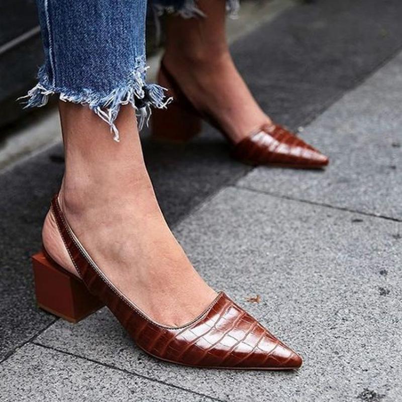 Women's Mid Heeled Shoes Retro Crocodile Pattern Pumps for Women Pointed Toe Office Ladies Sandals Summer Female Shoes