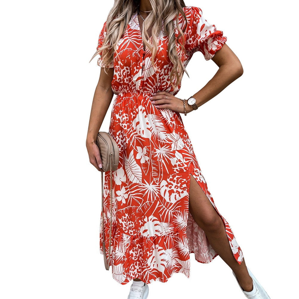 lovwvol Womens Long Dress Summer V-neck Boho Belted Maxi Dress Casual Sexy Party Dress Ladies Bohemian Beach Holiday Sundress