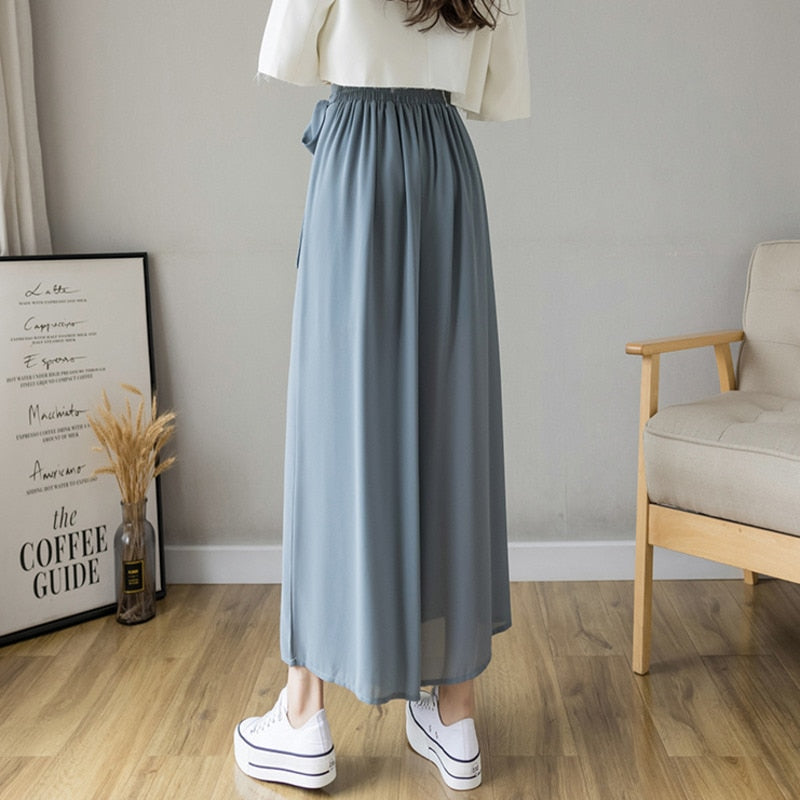 Spring Summer New Style Korean Women Pleated Chiffon Trousers High Waist Pants Hakama Casual Wide Leg Pantalones