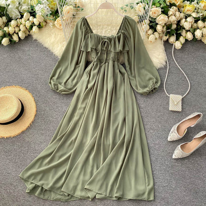 Chic Elegant Square Collar Maxi Dress Women Solid Chiffon Puff Sleeve Dresses Korean Fashion Vintage Ruffle Vestidos