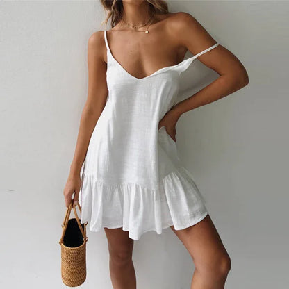 Sexy Spaghetti Strap Ruffle Dress Women Summer Dress  Cotton Linen Vestidos Green Dresses Off Shoulder Sexy Mini Sundress