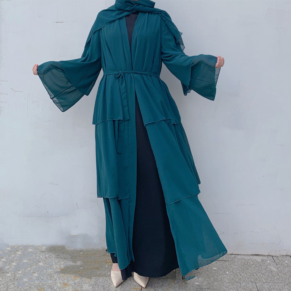 Ramadan Eid Djellaba Abaya Dubai Three-layer Soft Chiffon Muslim Dress Abaya Dubai Turkey Muslim Islam Abayas With Belt WY660