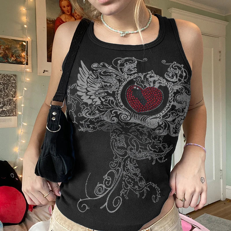 lovwvol Y2k Fairy Grunge Love Wings Rhinestone Graphic Tank Tops Fairy Grunge 90's Aesthetic Clothes Black Ribbed Sleeveless T-Shirts