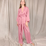 lovwvol Womens Pajama Sets Solid Women Robes With Sashes 2 Piece Set Wrist Sleep Tops Satin Pants Loose Pajamas Casual Sleepwear Female Home Suits