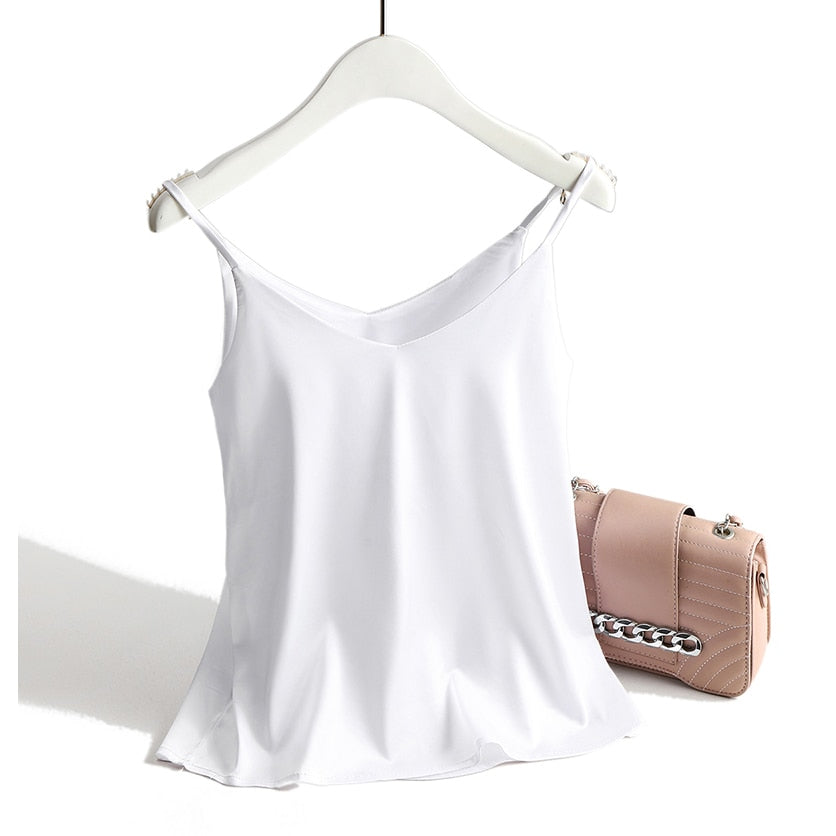 lovwvol Spaghetti Strap Top Women Halter V Neck Basic White Cami Sleeveless Satin Silk Tank Tops Women'S Summer Camisole Plus Size