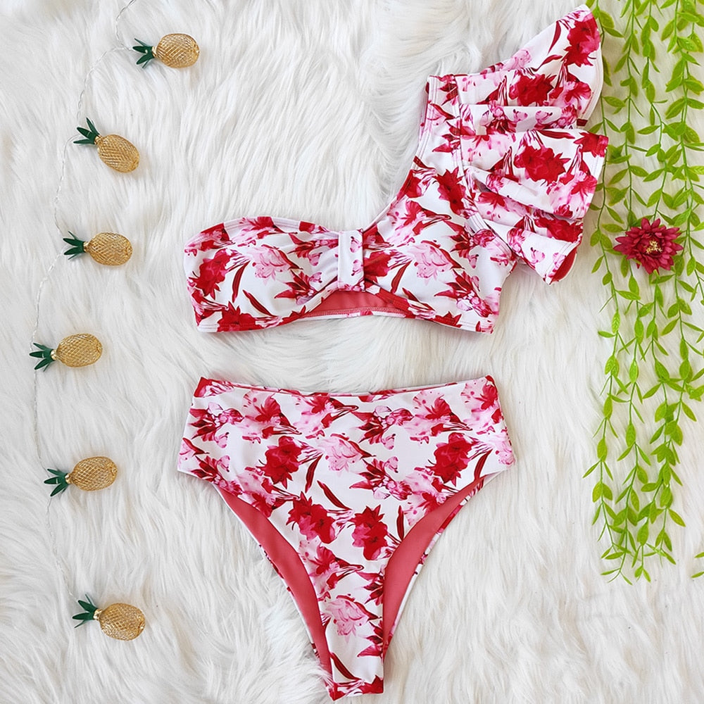 High Waist Bikini Ruffle Swimwear Women Print Sexy Swimsuit Push Up Bikinis Plus Size Bathing Suits Floral Beach Wear