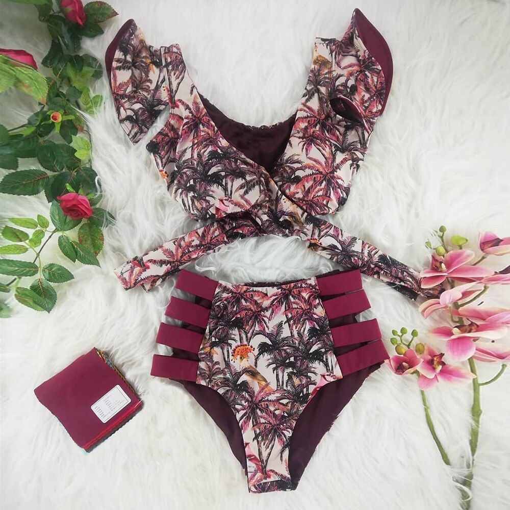 Two-Pieces Women Floral Push-Up Padded Bra Ruffles Bandage Bikini Set Swimsuit Swimwear Bathing Suit Beachwear Biquini