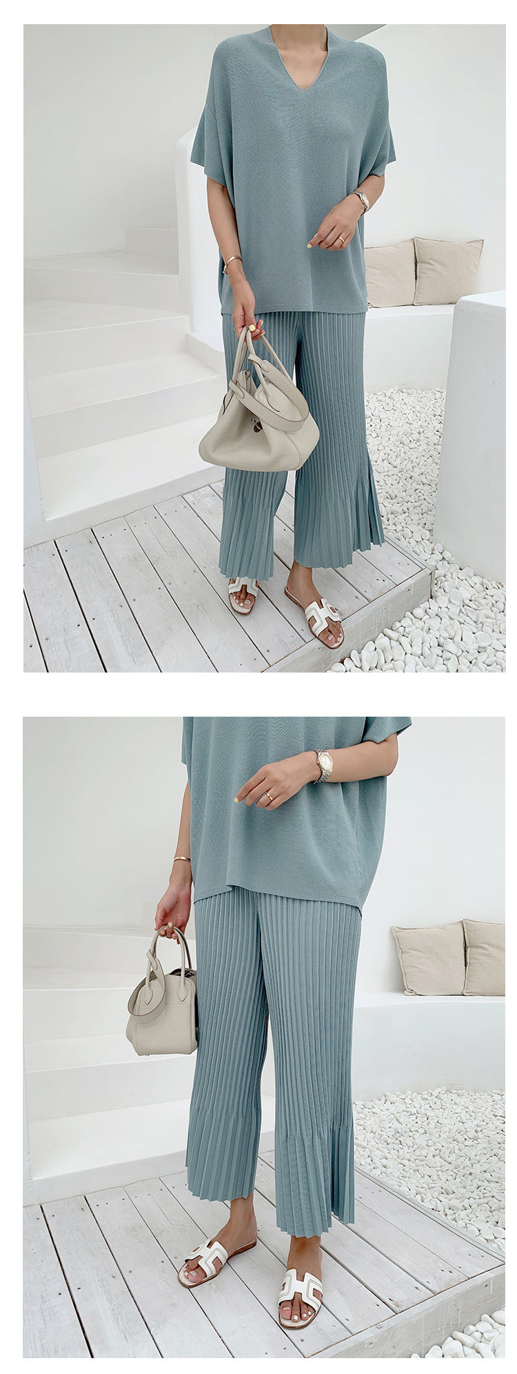 lovwvol Summer Korean Fashion Casual Knitted Two Piece Set Women Loose Pullover Sweater Tops + Wide Leg Pants Suits Knitwear 2 Piece Set