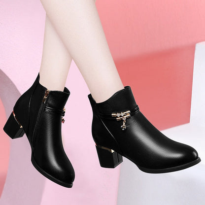 Women Genuine Sheepskin Leather Ankle Boots Casual Autumn Winter Thick High Heels New Chelsea Booties Shoes Korean Fashion M0124