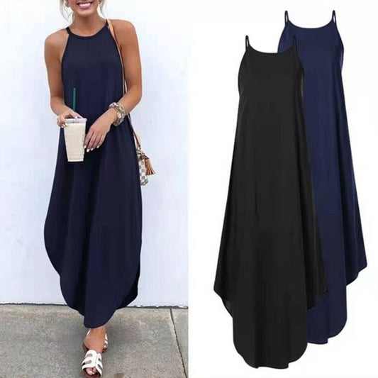 Women Dress Summer Casual Sleeveless Halter Solid Beach Long Dress Round Neck Sling Fashion Beach Clothes Plus Size 5XL