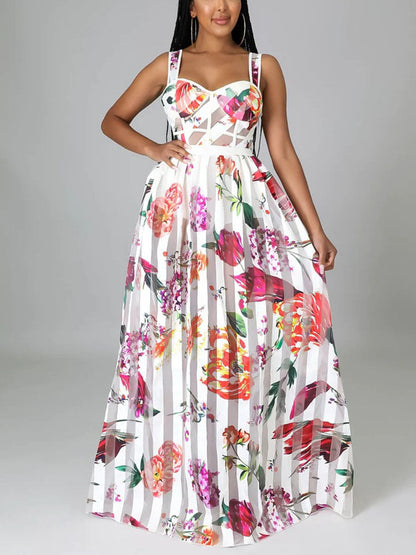 Strap Floral Printed Sheer Maxi Dresses