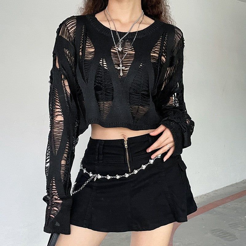 lovwvol y2k outfits Knitted Blouse T Top Summer and Autumn Women's Clothing Hot Girl Sexy Ripped Dark Hollow Long Sleeve