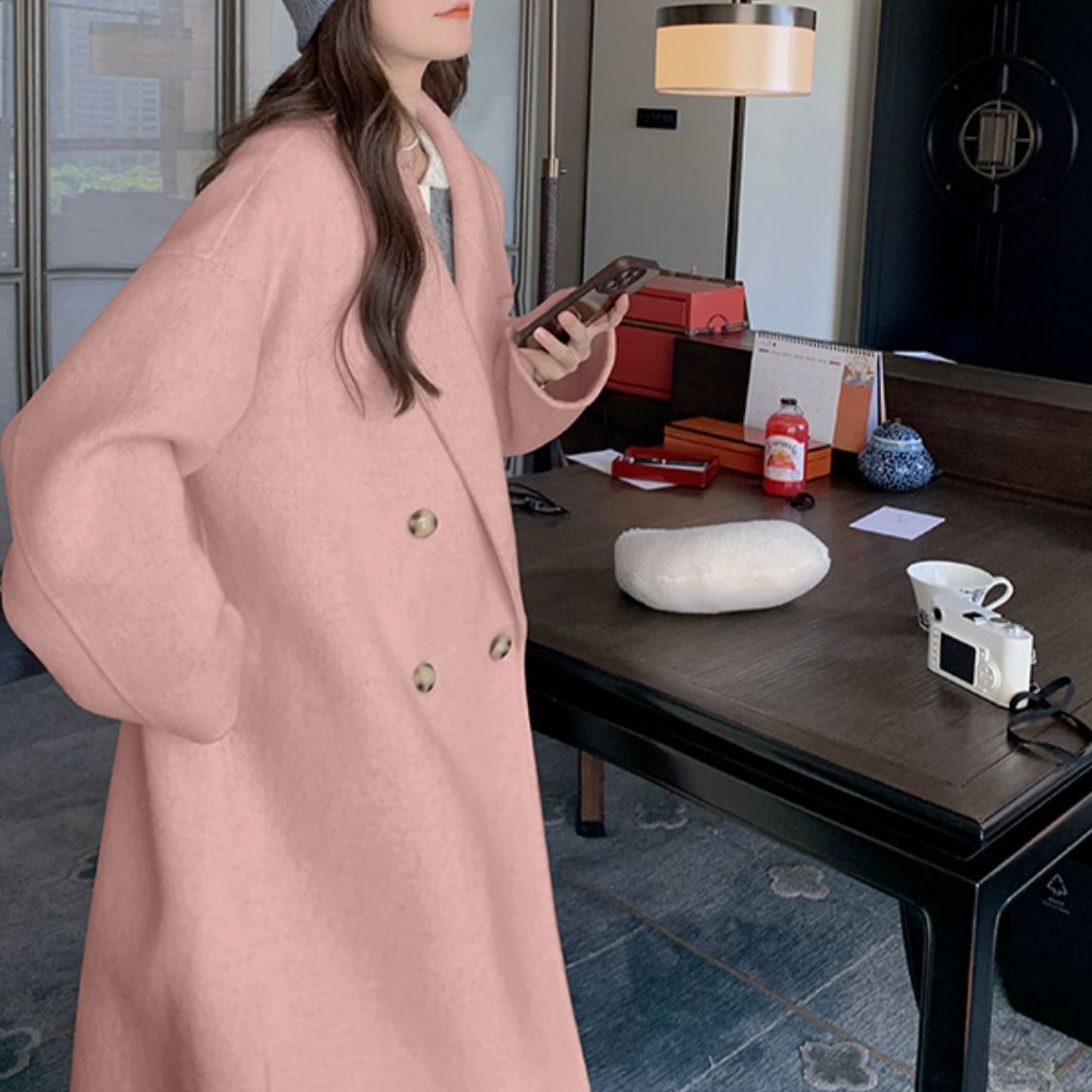 lovwvol frat boy outfits New Autumn and Winter Korean Style Loose Small Hepburn Style Woolen Coat Oatmeal Color Double-Sided Cashmere Coat for Women