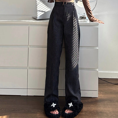 lovwvol frat outfits Navy Blue Striped Wide-Leg Pants for Women Autumn and Winter New Casual Suit Pants Draping Trousers for Women