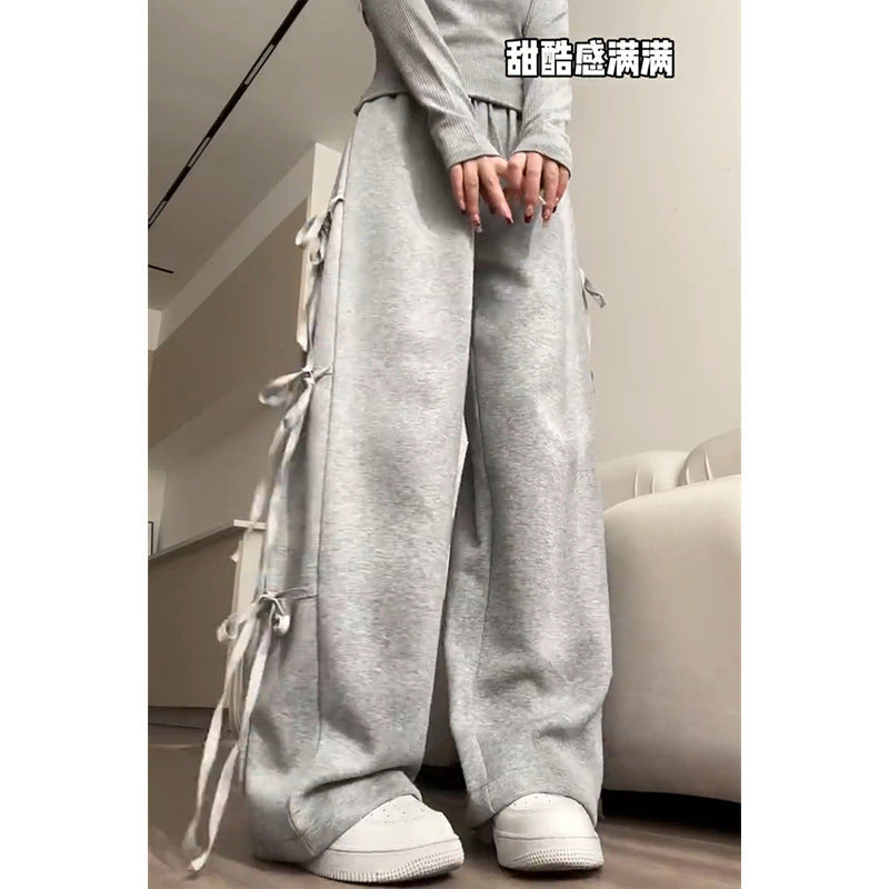 lovwvol old money outfits men Women's Bowknot Lace-up Sports Pants Spring and Autumn 2024 New Loose Gray Casual Wide-Leg Pants Sweatpants