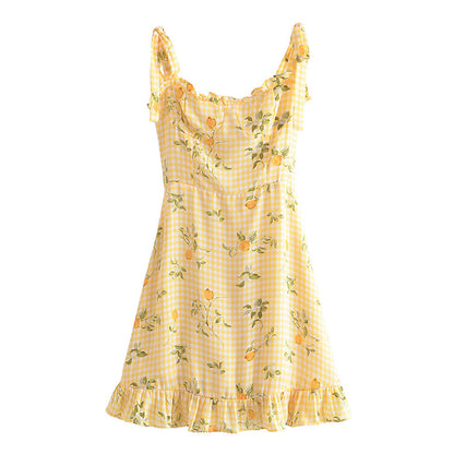 lovwvol summer outfits inspo Niche Summer New Slim Fit Slimming French Retro Plaid Lemon Print Wooden Ear Strap Dress